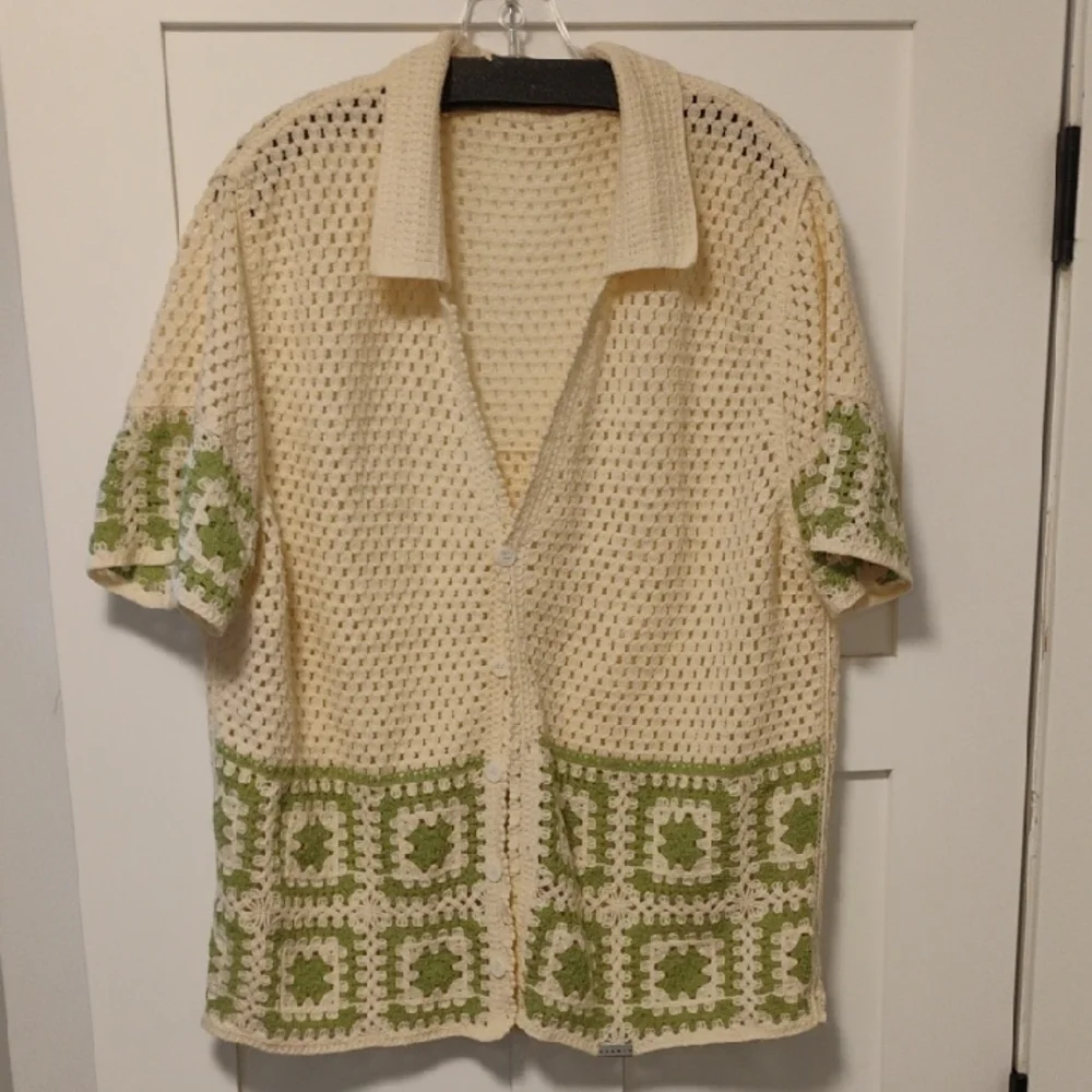 Cream and Green Crochet Men's Shirt - Picture 1 of 4